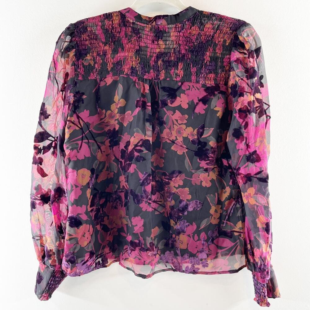 Evereve Long Sleeve Floral Velvet Embroidered Blouse Top Purple Black XS